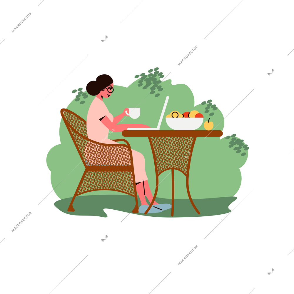 Gardening composition with human character of working woman at outdoor table in the garden vector illustration