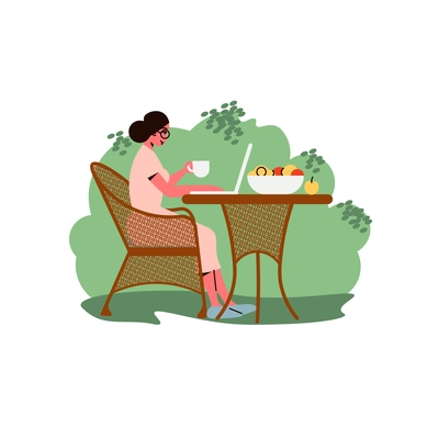 Gardening composition with human character of working woman at outdoor table in the garden vector illustration