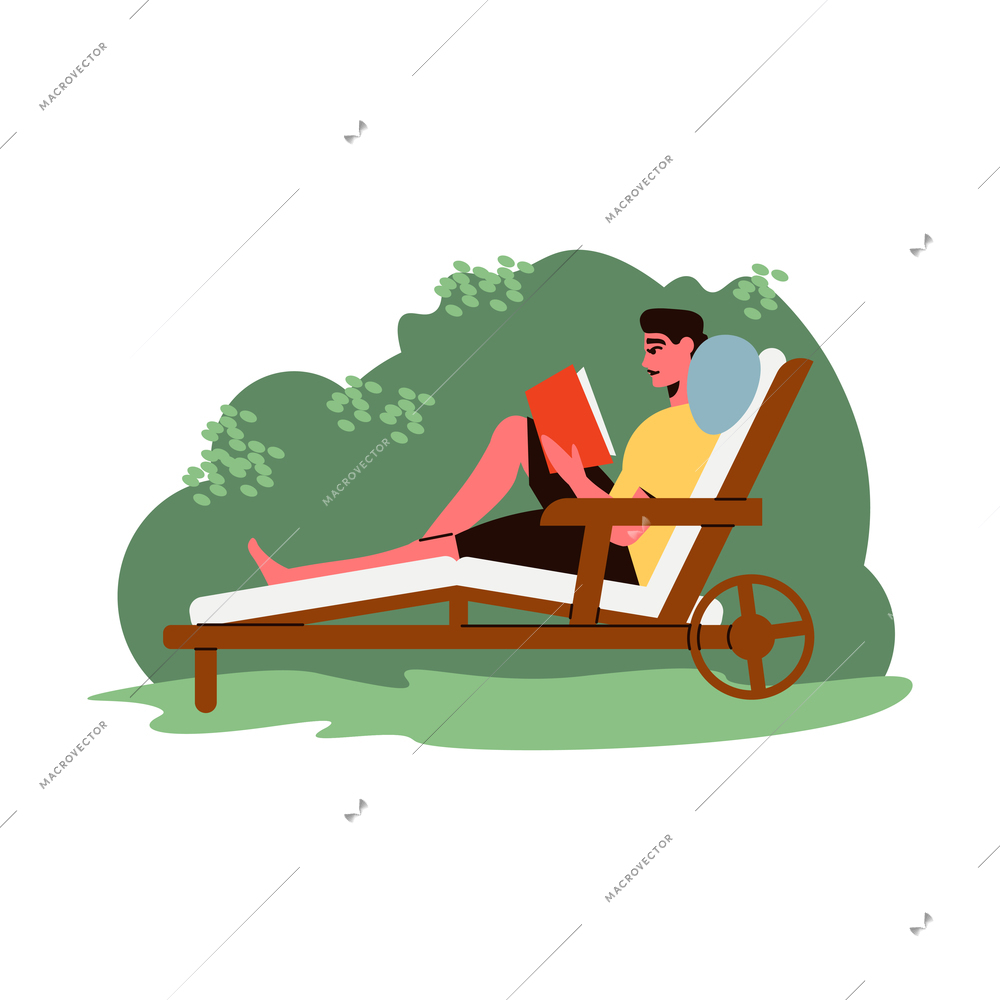 Gardening composition with human character of guy relaxing in lounge chair in the garden vector illustration