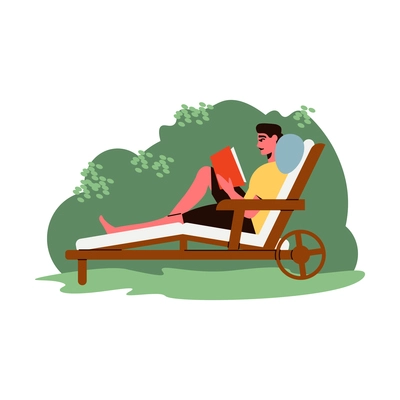 Gardening composition with human character of guy relaxing in lounge chair in the garden vector illustration