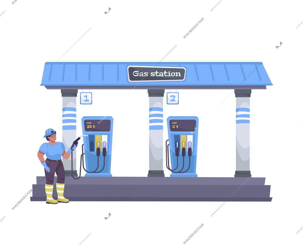 Oil industry flat composition with view of automobile gas station with human character of worker vector illustration