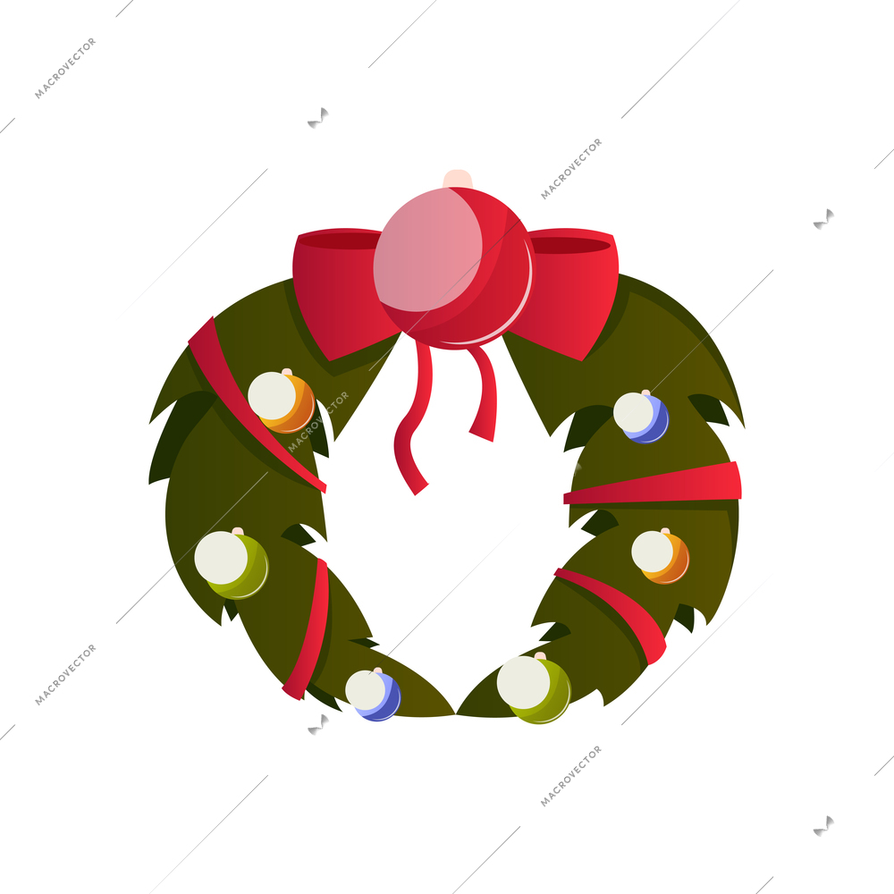 Christmas flat composition with isolated image of festive wreath made of fir needle balls and red ribbon vector illustration