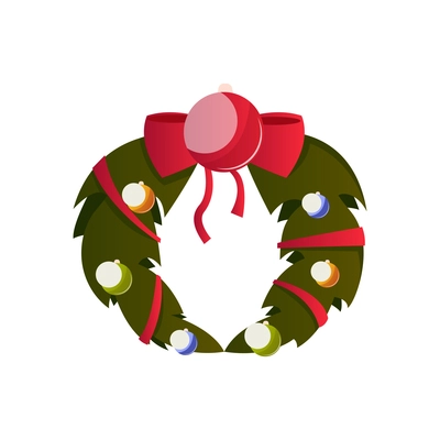 Christmas flat composition with isolated image of festive wreath made of fir needle balls and red ribbon vector illustration