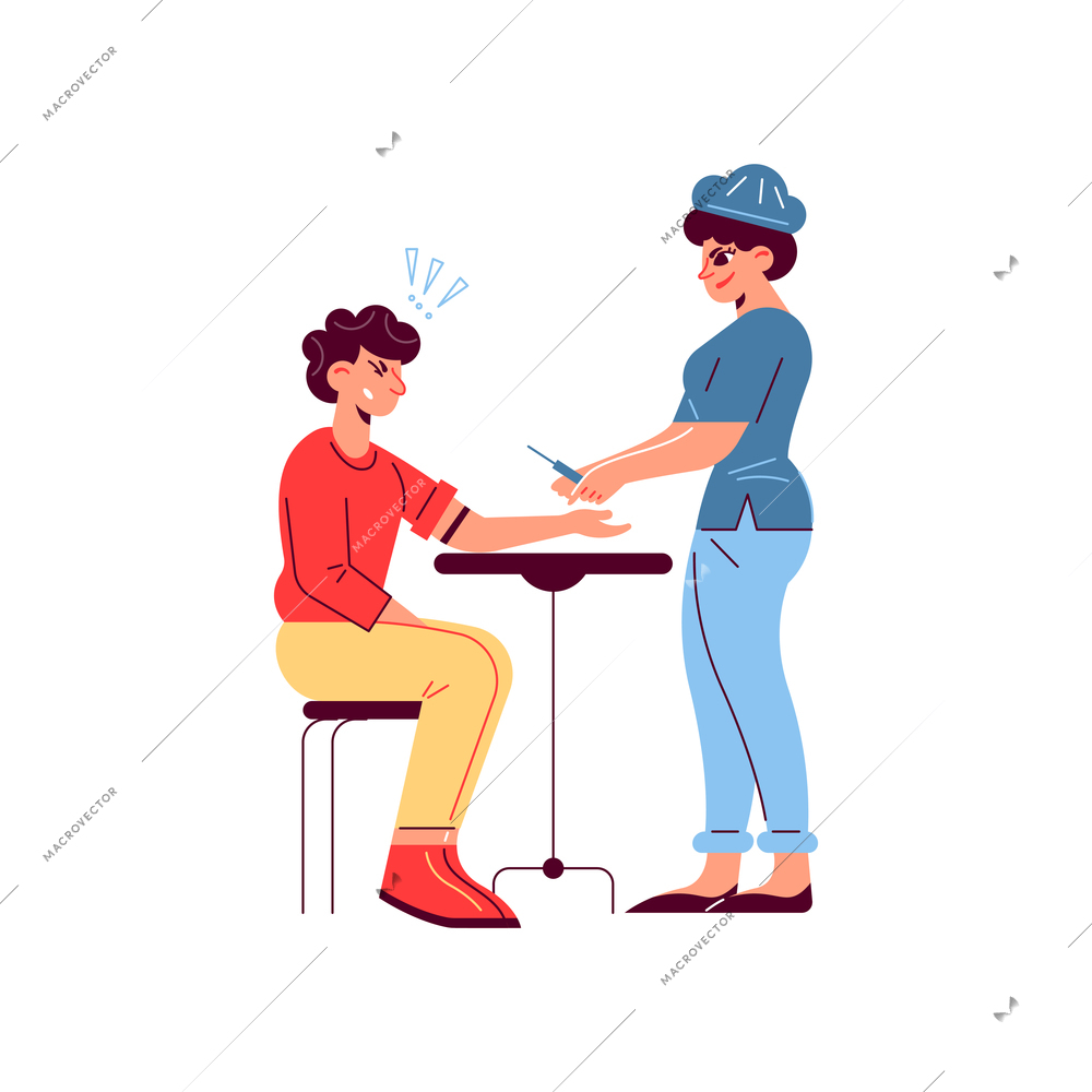 Hospital medicine doctor patient composition with female doctor with syringe and frightened guy vector illustration