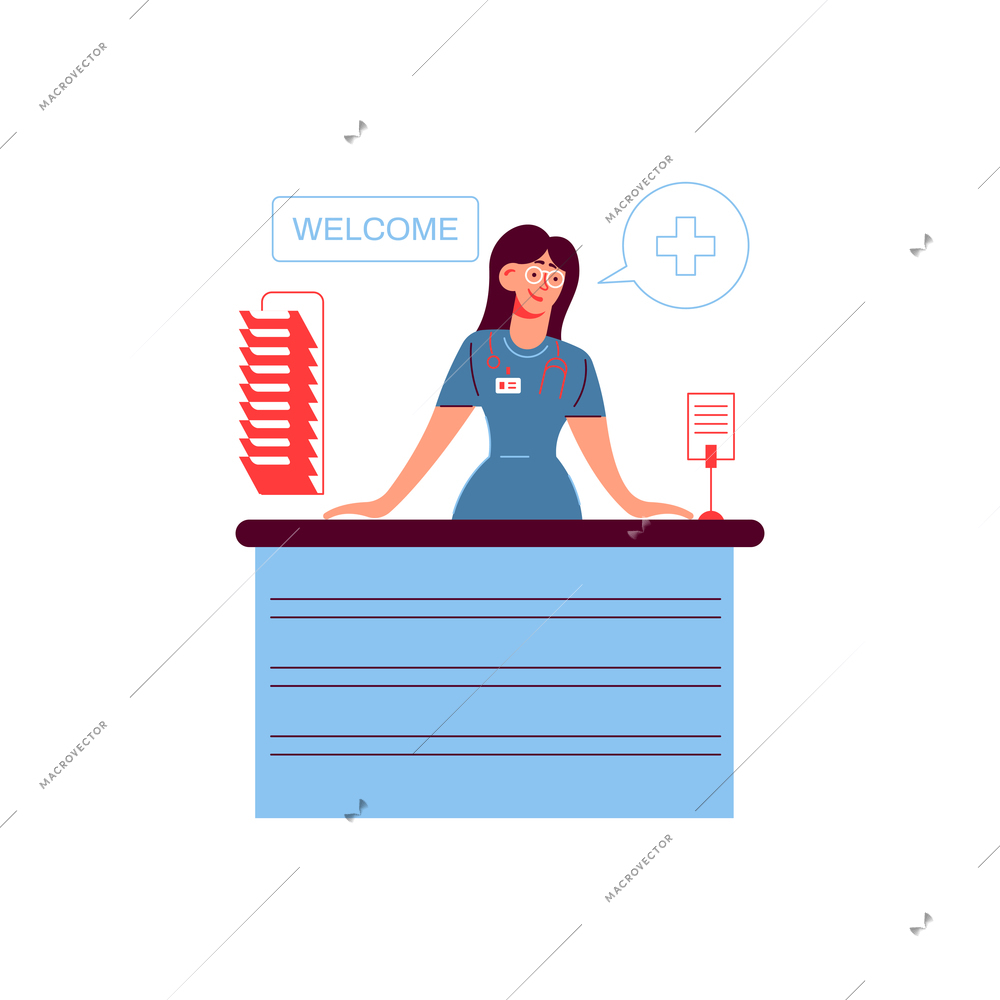 Hospital medicine doctor patient composition with character of woman standing at counter vector illustration