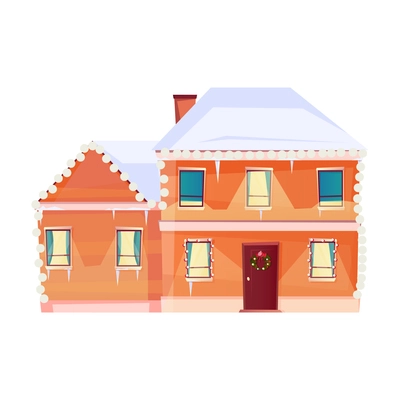 Christmas flat composition with isolated image of living house with decorations on blank background vector illustration