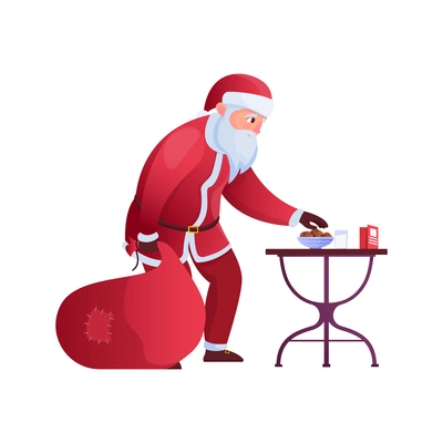 Christmas flat composition with human character of santa taking cookies from plate vector illustration