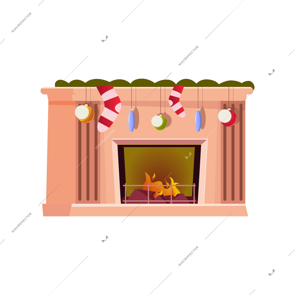 Christmas flat composition with isolated image of decorated fireplace with hanging socks and balls vector illustration