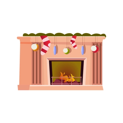 Christmas flat composition with isolated image of decorated fireplace with hanging socks and balls vector illustration