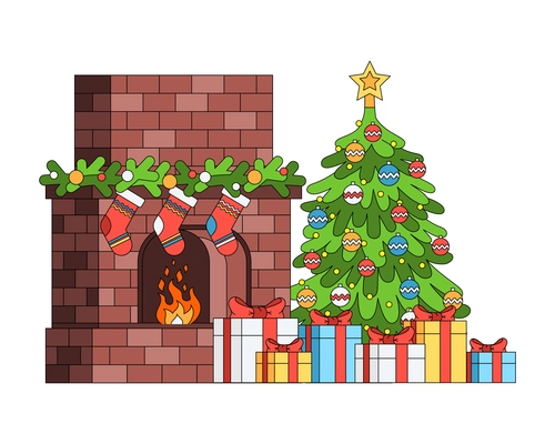 Christmas coloring composition with indoor view of fireplace and new year tree with gifts vector illustration