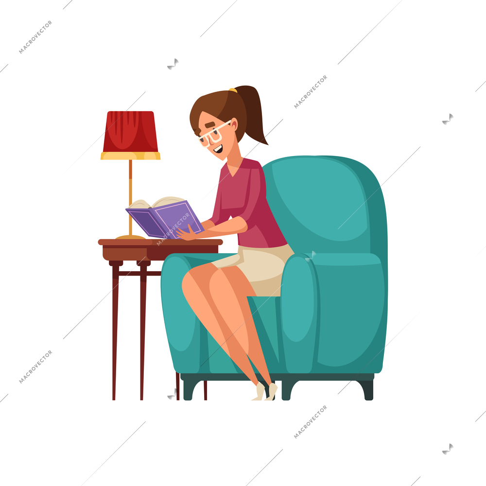 Old library interior composition with human character of woman reading book on soft chair vector illustration