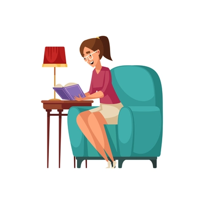 Old library interior composition with human character of woman reading book on soft chair vector illustration