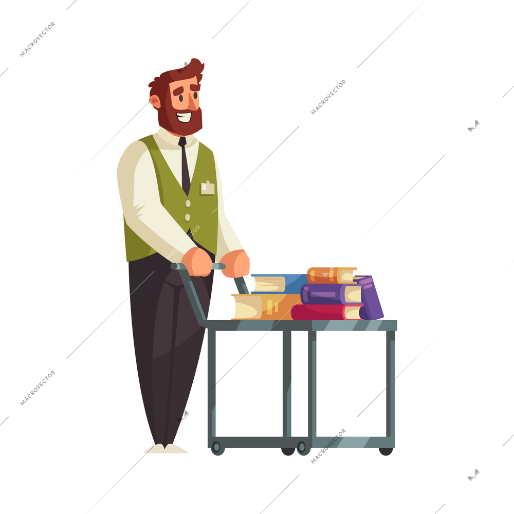 Old library interior composition with male character of librarian with wheel cart vector illustration
