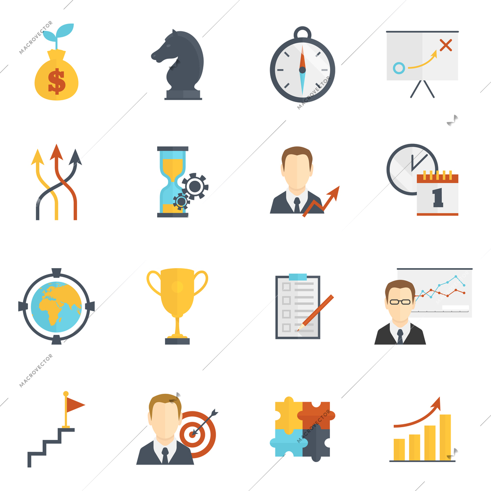 Business strategy planning flat icons set isolated vector illustration