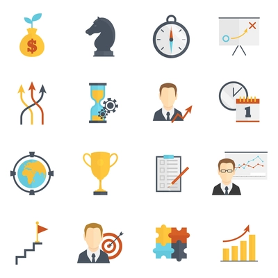 Business strategy planning flat icons set isolated vector illustration