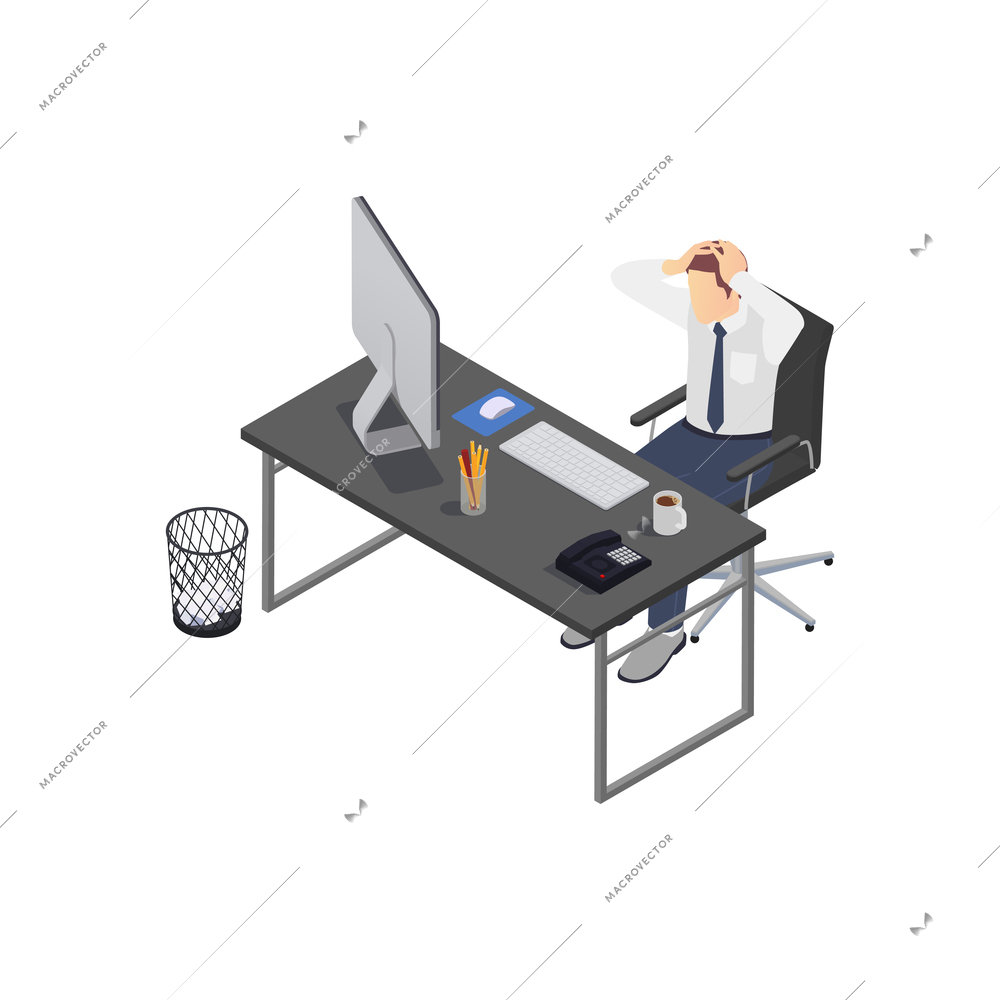 Professional burnout depression frustration isometric composition with business worker clutching head at working place vector illustration