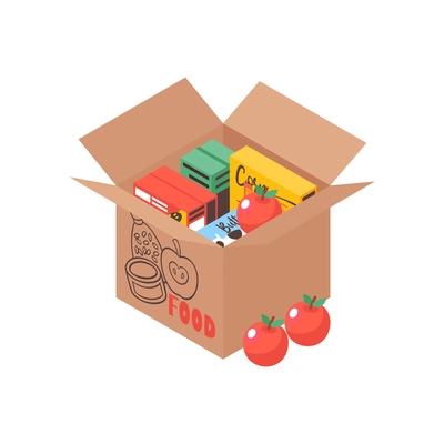 Isometric voluneer food homeless poor composition with isolated image of carton box filled with food vector illustration
