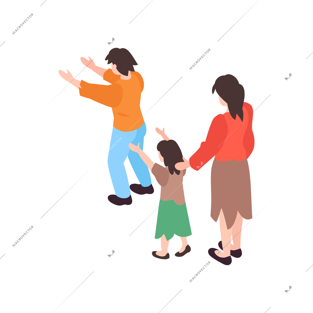 Isometric voluneer food homeless poor composition with human characters of poor family members raising hands vector illustration