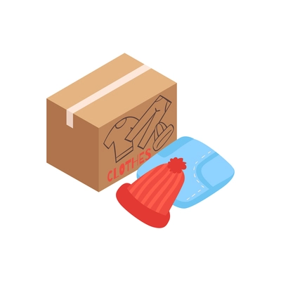 Isometric voluneer food homeless poor composition with isolated image of carton box with warm clothes vector illustration