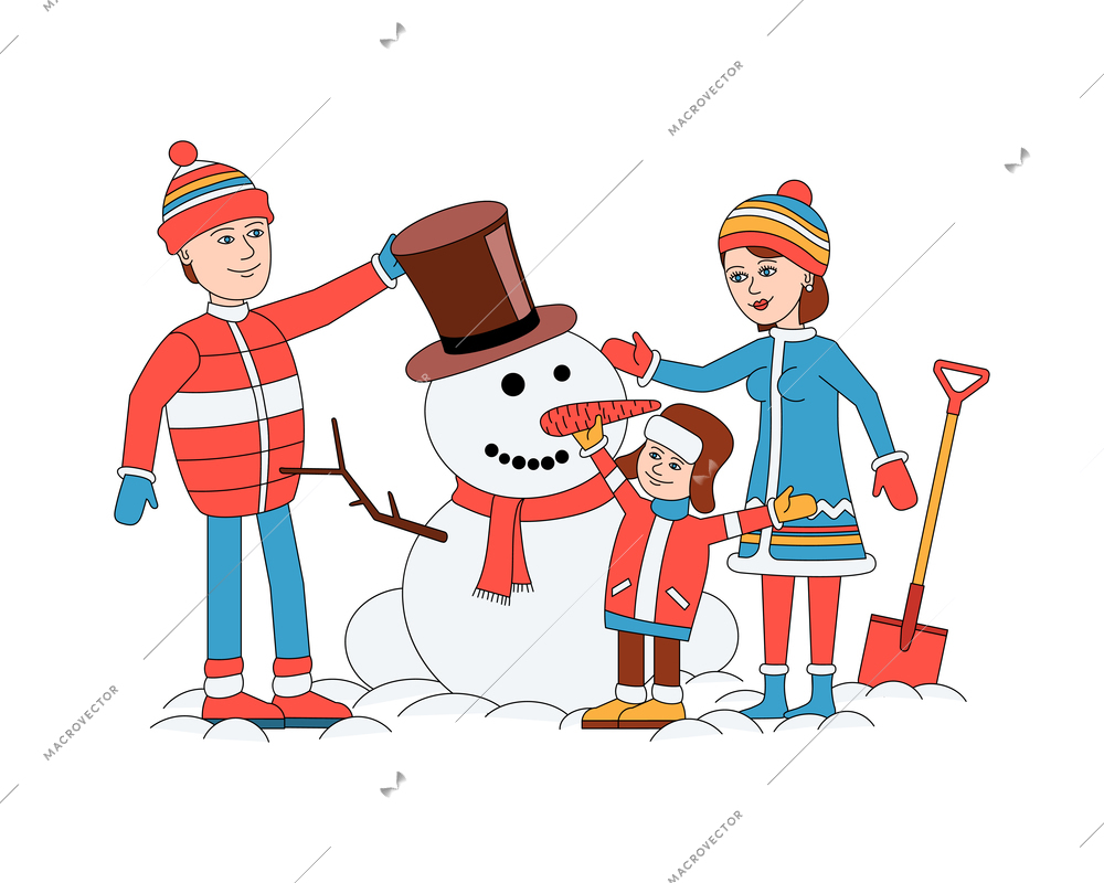 Christmas coloring composition with human characters of family members with made snowman vector illustration