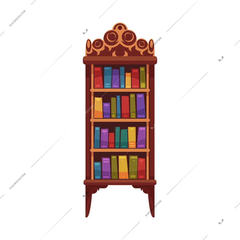 Old library interior composition with isolated image of vintage wooden cabinet with books vector illustration