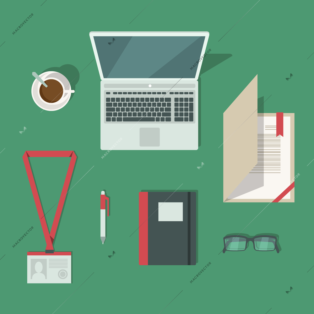 Top view on classic office workplace desk isolated vector illustration