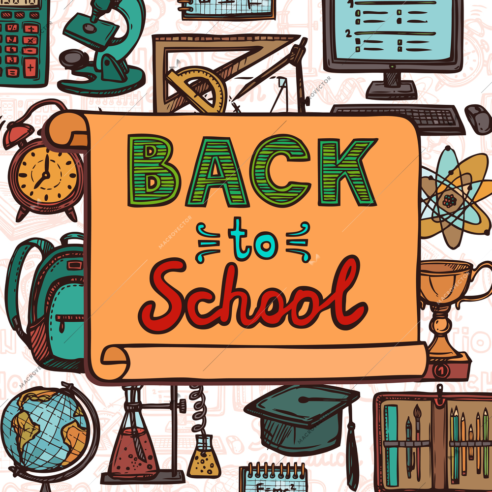 Retro school and university education colored sketch icons back to school poster vector illustration