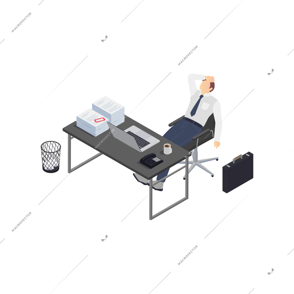 Professional burnout depression frustration isometric composition with business worker having depression vector illustration