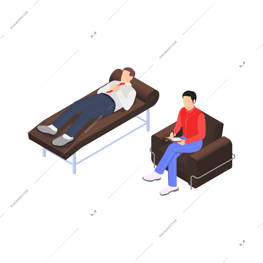 Professional burnout depression frustration isometric composition with characters of psychologist and patient worker vector illustration