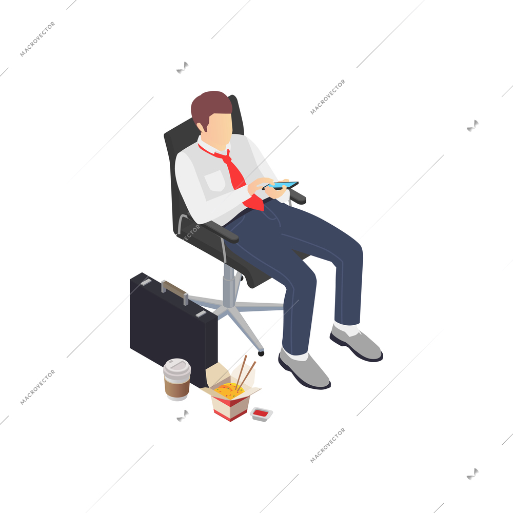 Professional burnout depression frustration isometric composition with business worker staring at smartphone with junk food vector illustration