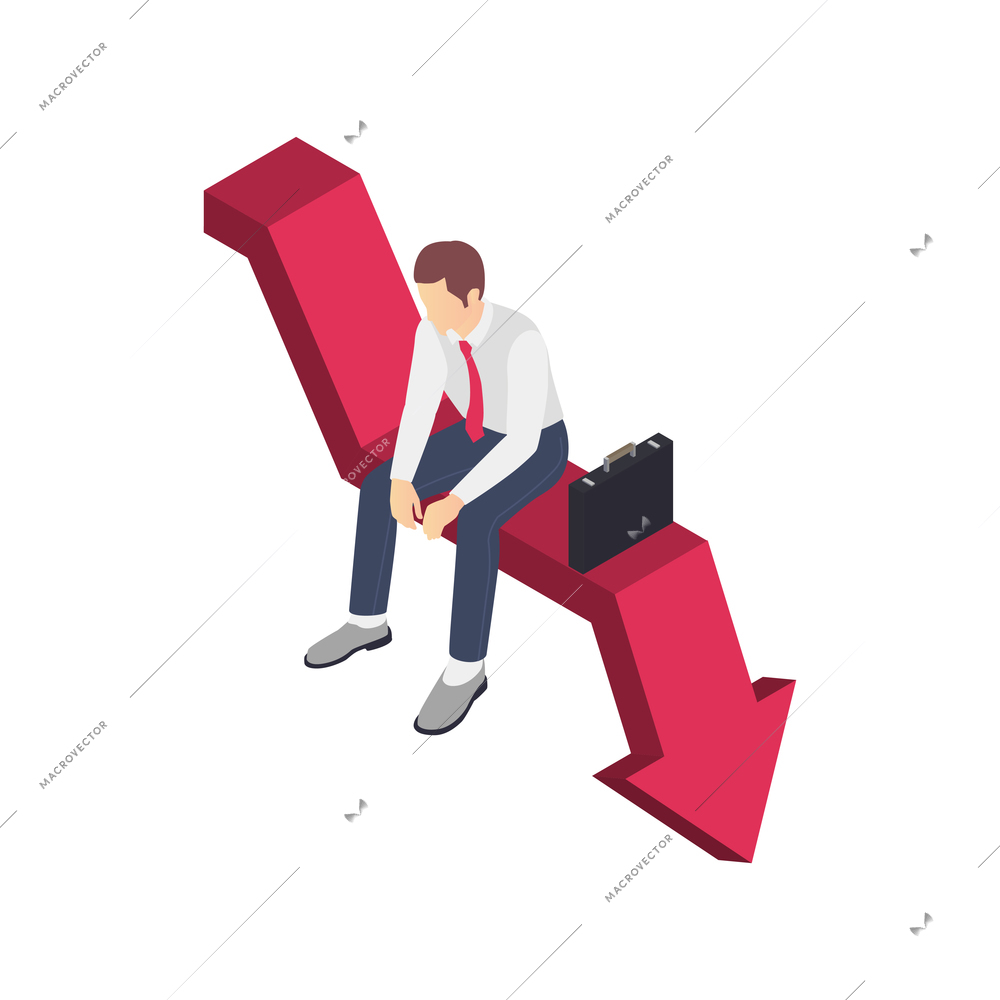 Professional burnout depression frustration isometric composition with business worker character sitting on down arrow vector illustration