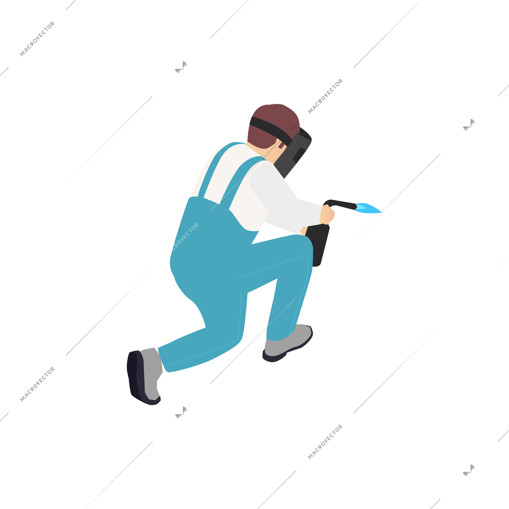 Modular frame building isometric composition with human character of worker with welding outfit vector illustration