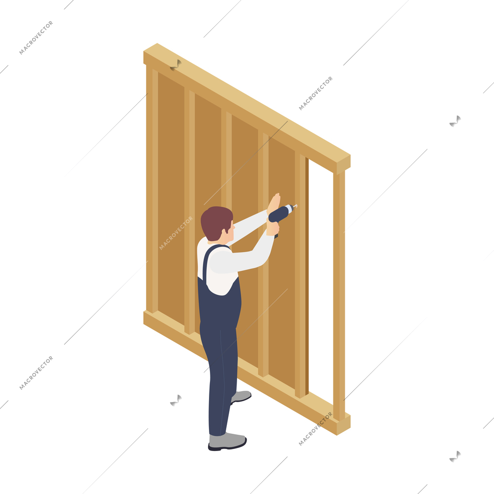 Modular frame building isometric composition with human character of worker building wall vector illustration