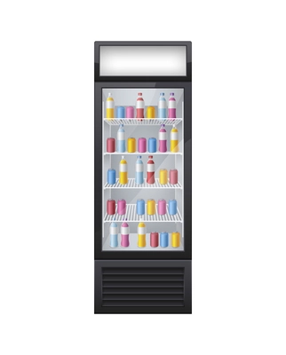 Commercial glass door drink fridge realistic composition with isolated image of shop fridge with drinks vector illustration