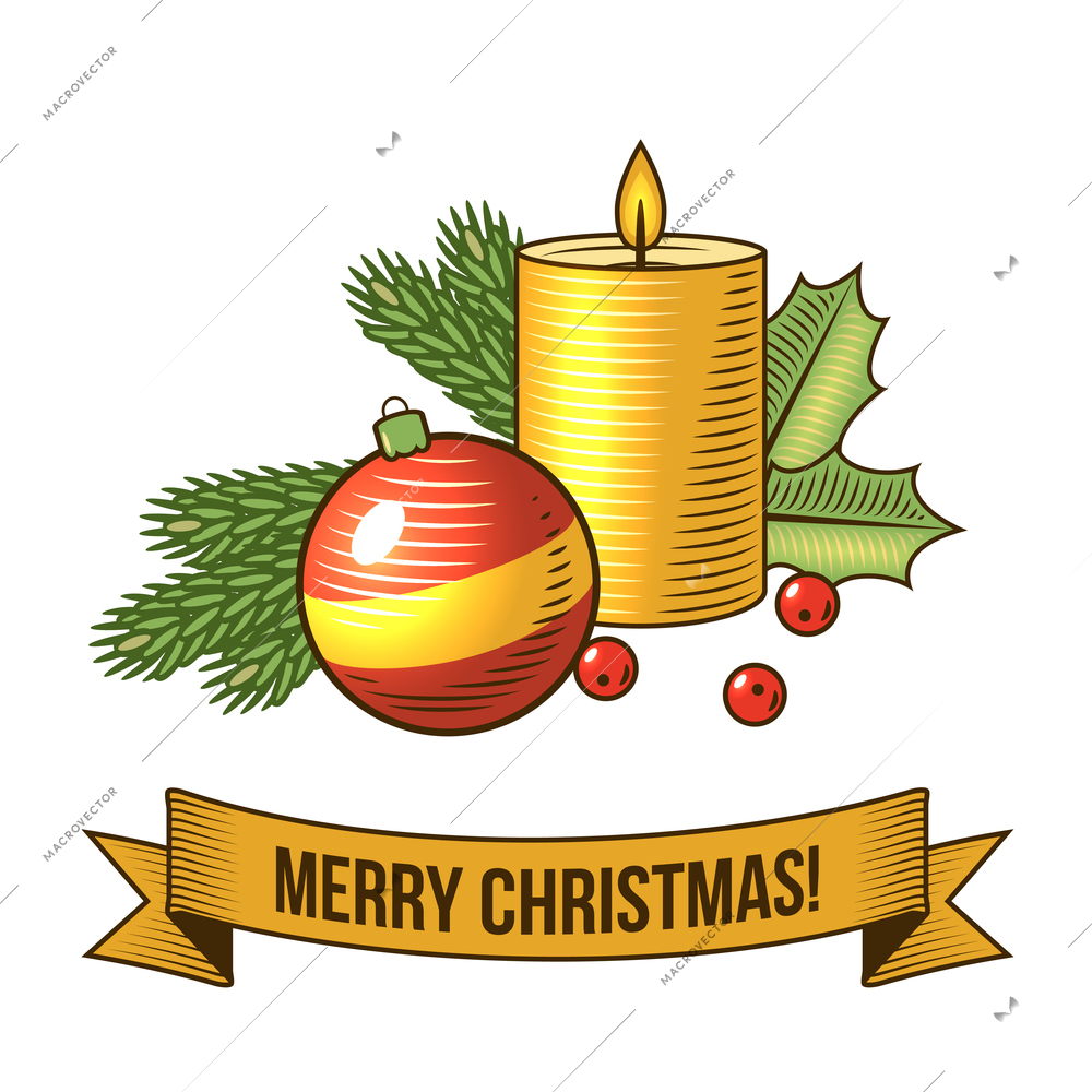 Christmas new year holiday decoration candle and ball icon with ribbon vector illustration