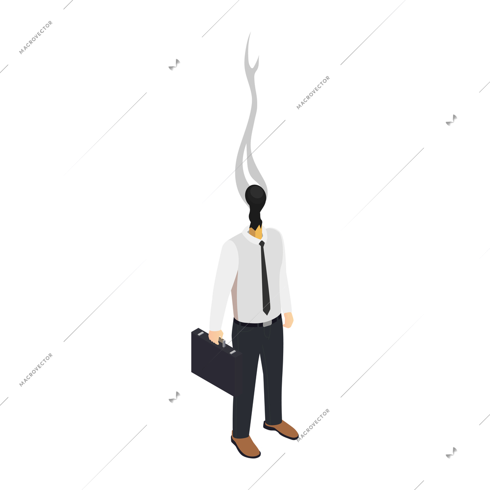 Professional burnout depression frustration isometric composition with business worker character with head burnt away vector illustration