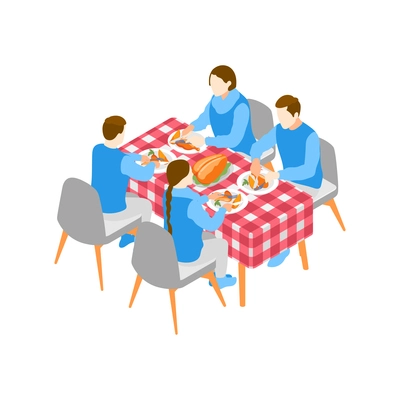 Christmas mood isometric icons composition with view of family members having dinner at table vector illustration