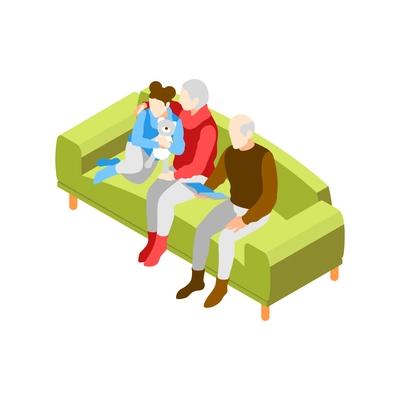Christmas mood isometric icons composition with human character of little girl sitting on sofa with grandparents vector illustration