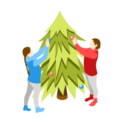 Christmas mood isometric icons composition with human characters decorating new year tree vector illustration