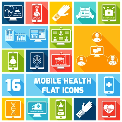 Mobile health medicines delivery x-ray monitoring icons flat set isolated vector illustration