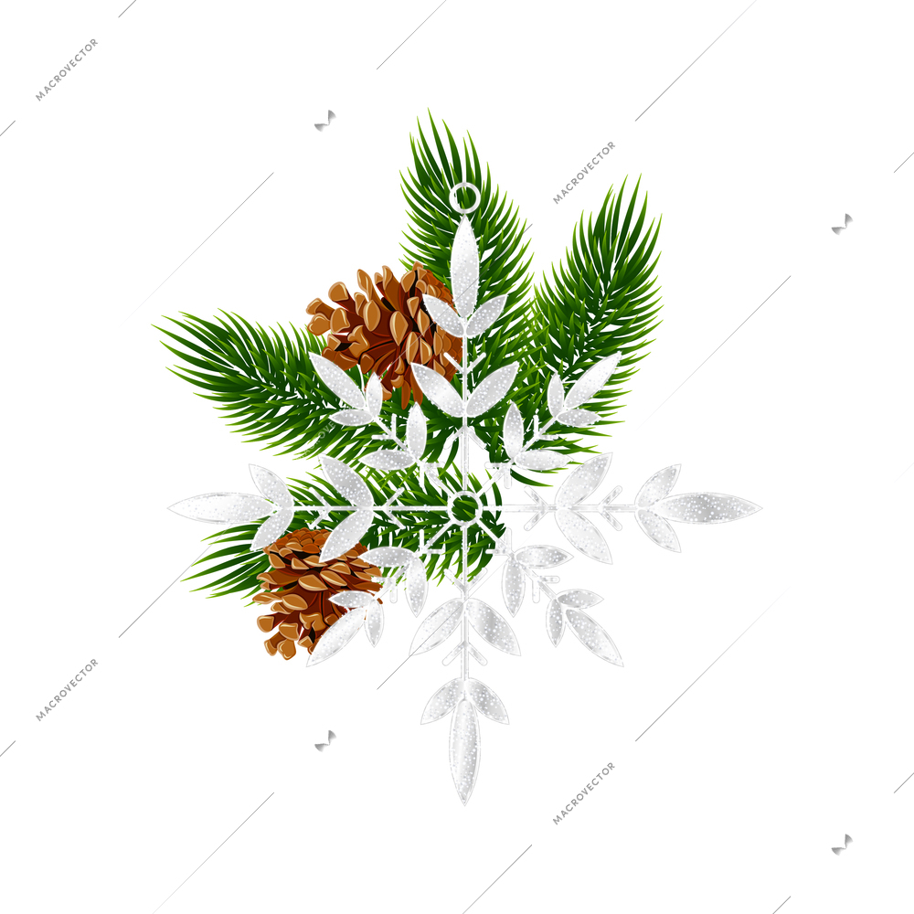 Christmas decoration realistic composition with isolated image of snowflake with fir and cones vector illustration