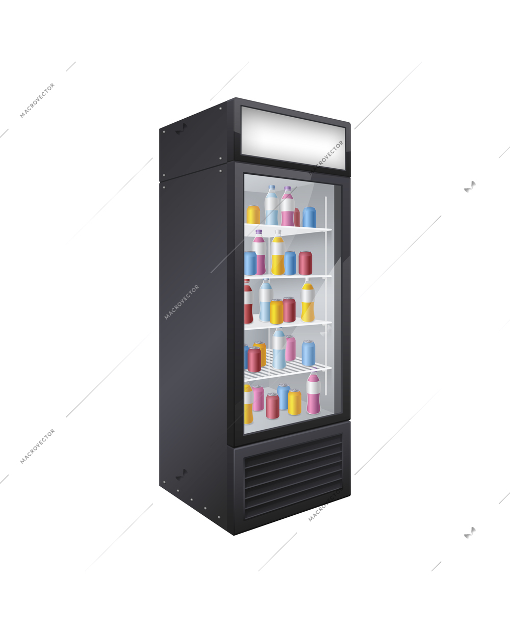 Commercial glass door drink fridge realistic composition with isolated image of single door shop fridge with drinks vector illustration