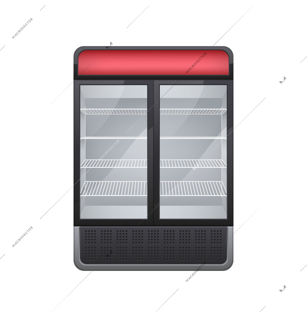 Commercial glass door drink fridge realistic composition with isolated image of shop fridge with two doors vector illustration