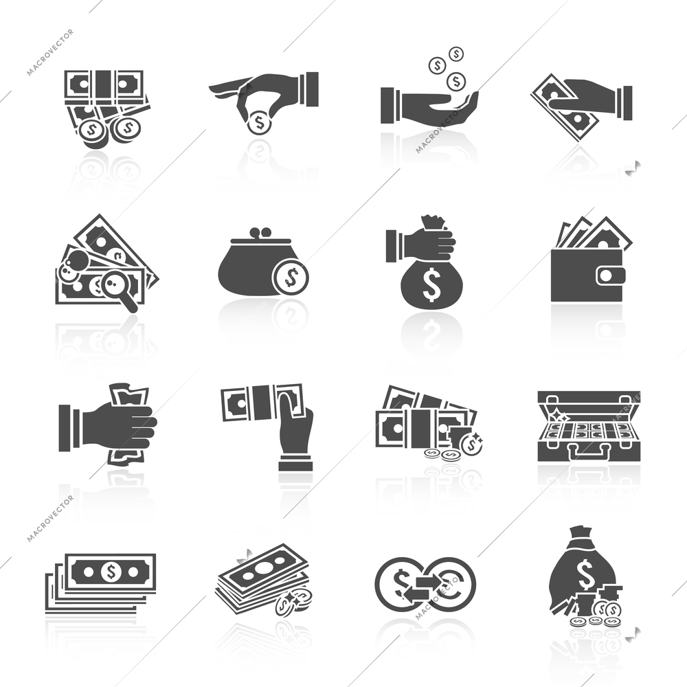 Money coin and paper cash icon black set with hand briefcase coin stack isolated vector illustration