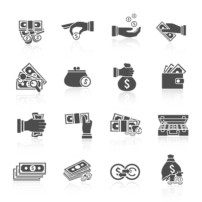 Money coin and paper cash icon black set with hand briefcase coin stack isolated vector illustration