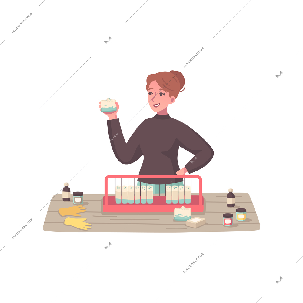 Hobby cartoon composition with female character choosing face cream vector illustration