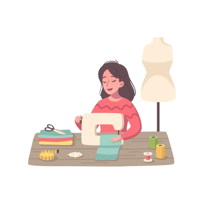 Hobby cartoon composition with female character working with sewing machine vector illustration