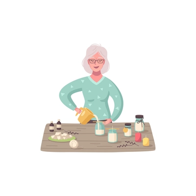 Hobby cartoon composition with female character of elderly woman preparing cosmetic products vector illustration