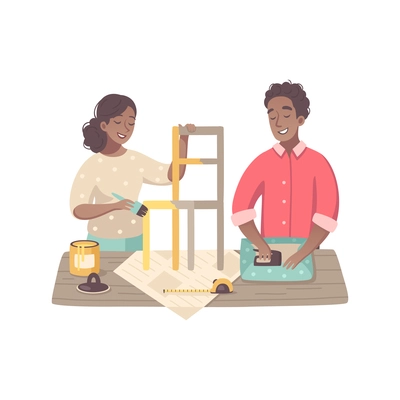 Hobby cartoon composition with characters of black persons making furniture vector illustration