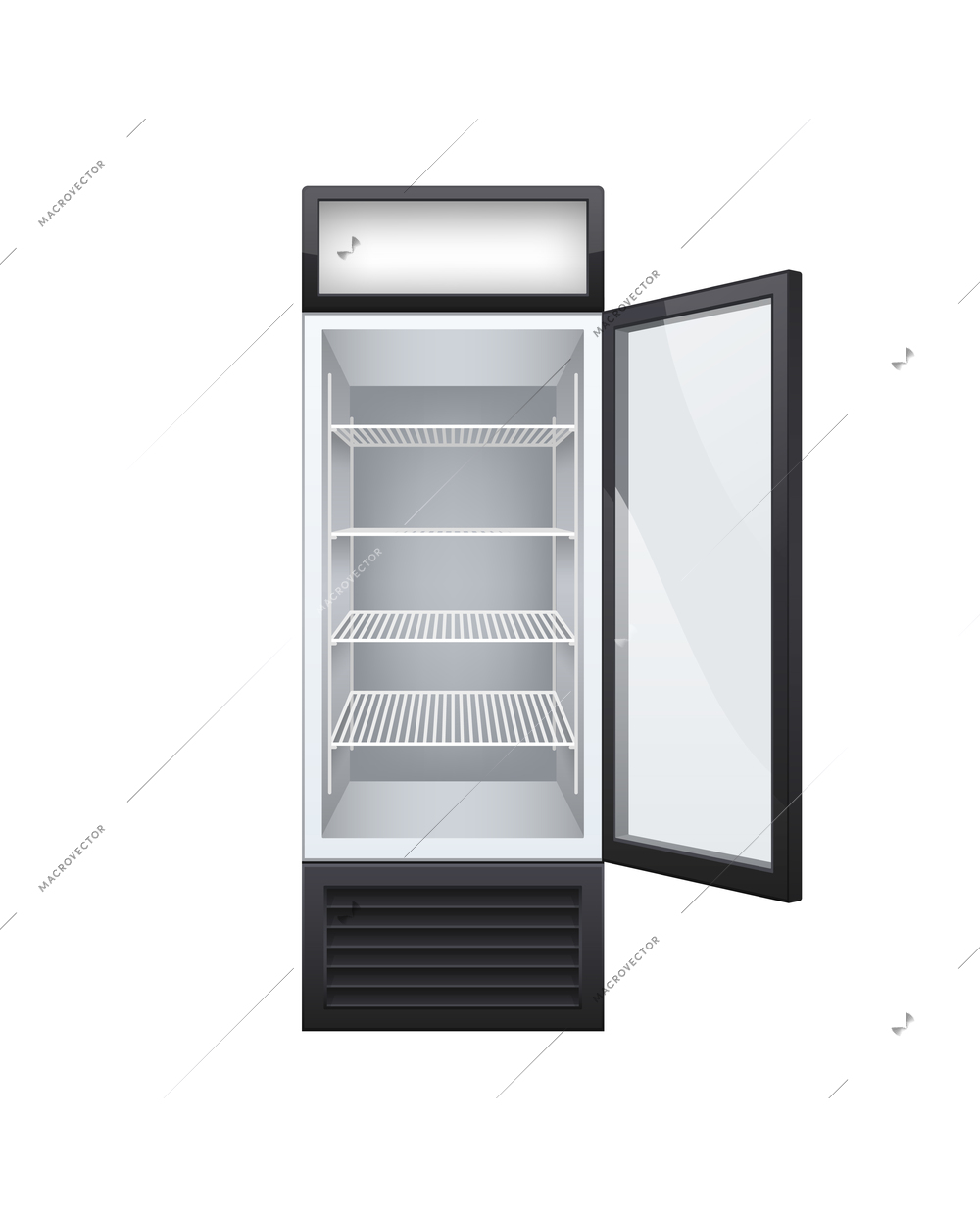 Commercial glass door drink fridge realistic composition with isolated image of fridge with opened door vector illustration